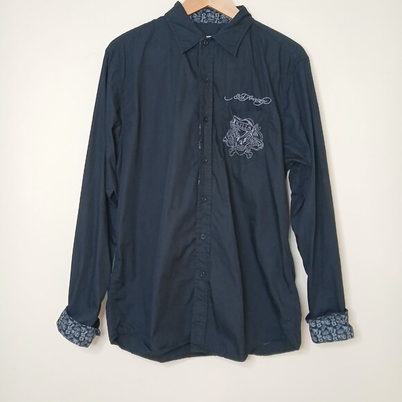 Vintage Christian Audigier Ed Hardy Love Kills Slowly Button Down Shirt Black M - Picture 2 of 7